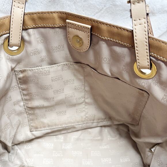 MICHAEL KORS Jet Set Camel Tan Leather Medium Tote Double Strap Bucket Handbag - Picture 7 of 16